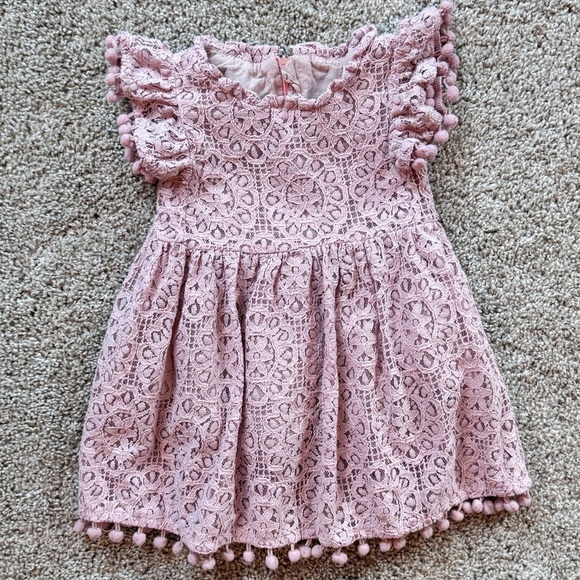 Baby Girl Pink Lace Dress with Pom Pom Trim Pink Easter dress- Size 6 months - Picture 3 of 8